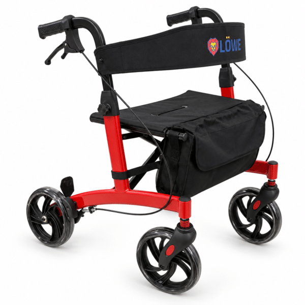 Andador rollator rojo con asiento y bolsa